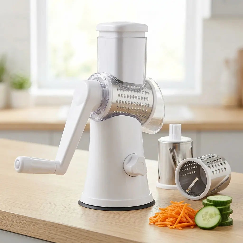 3-in-1 Manual Drum Vegetable Cutter & Slicer – Multifunctional Rotatory Cheese Grater