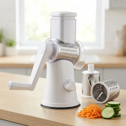 3-in-1 Manual Drum Vegetable Cutter & Slicer – Multifunctional Rotatory Cheese Grater
