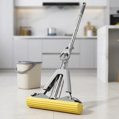 Double Squeeze Floor Sponge Mop with Self-Wringing Mechanism