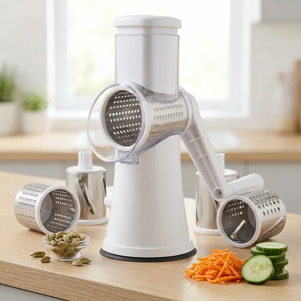 3-in-1 Manual Drum Vegetable Cutter & Slicer – Multifunctional Rotatory Cheese Grater