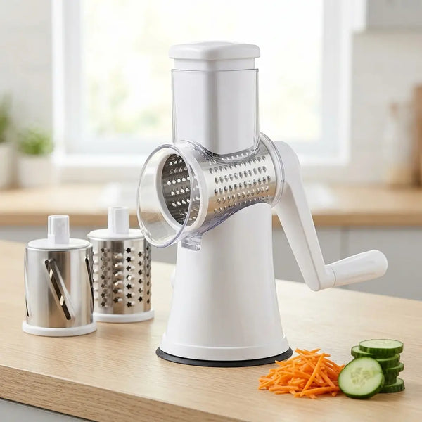 3-in-1 Manual Drum Vegetable Cutter & Slicer – Multifunctional Rotatory Cheese Grater