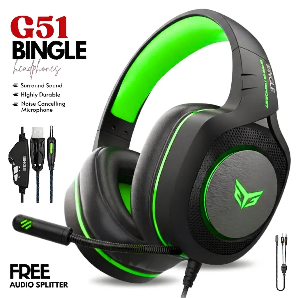 Bingle G51 Professional Wired Gaming Headphones – Virtual 7.1 Surround Sound, RGB Backlit, Noise-Cancelling Mic