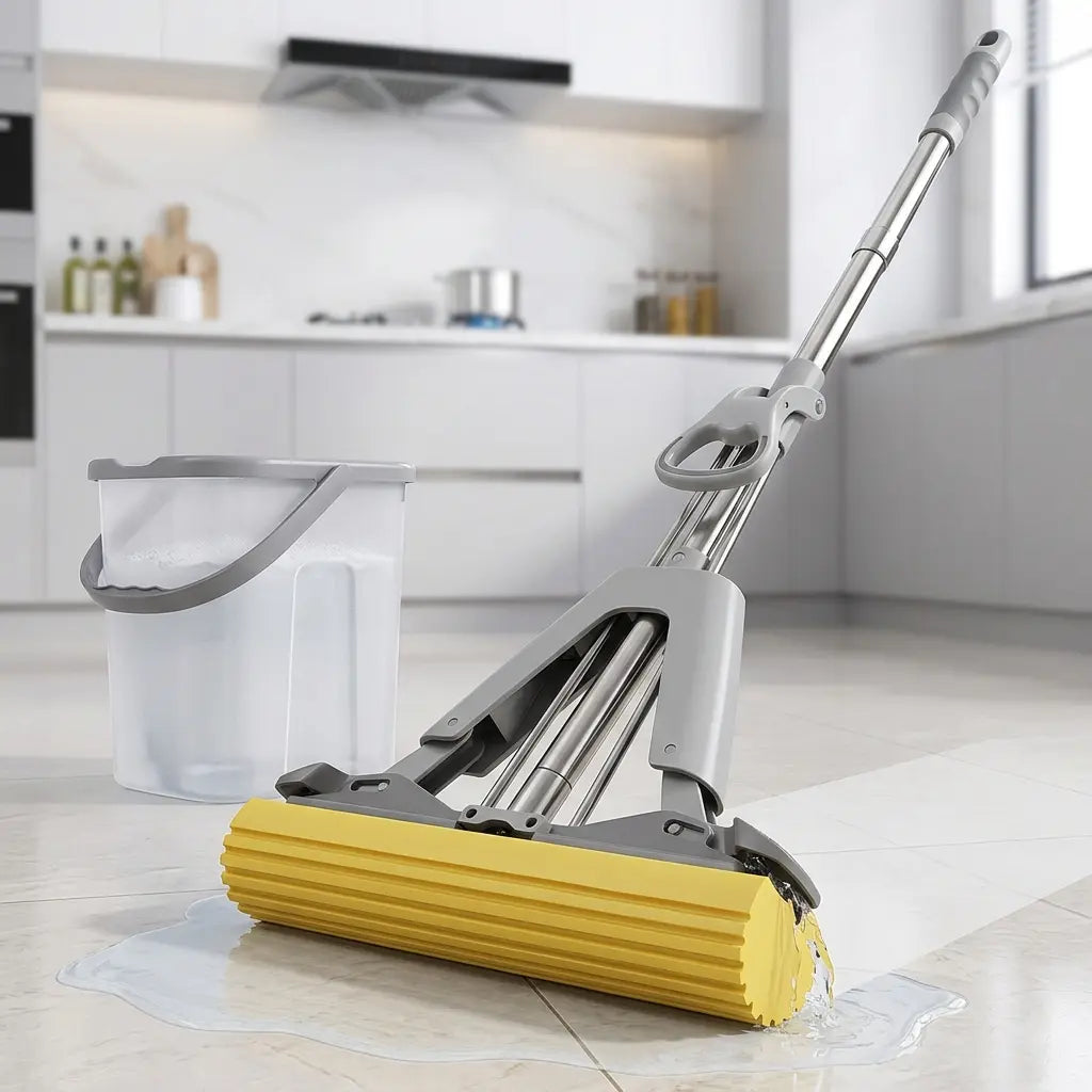 Double Squeeze Floor Sponge Mop with Self-Wringing Mechanism