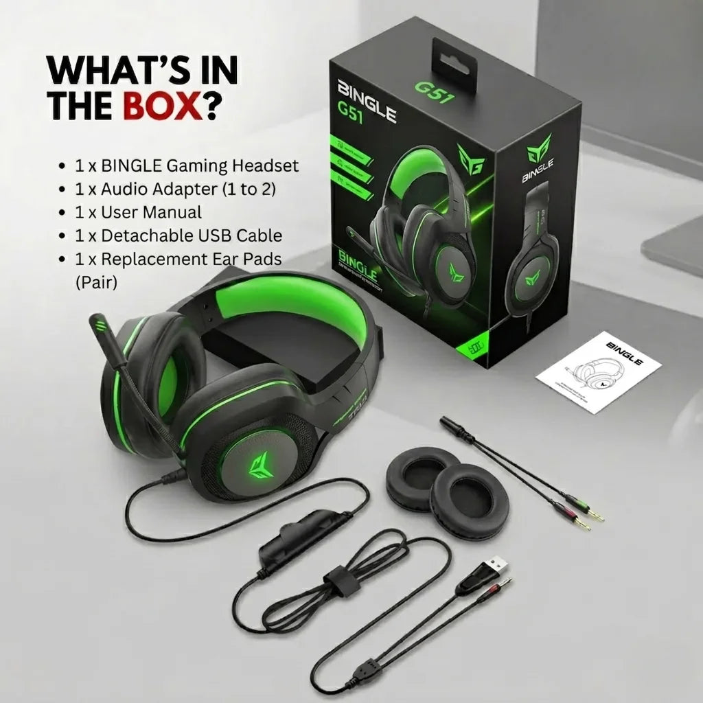 Bingle G51 Professional Wired Gaming Headphones – Virtual 7.1 Surround Sound, RGB Backlit, Noise-Cancelling Mic